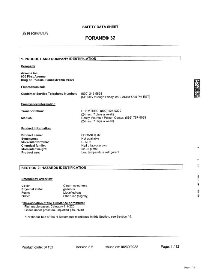 R32 Refrigerant SDS Sheet Frosty Freeze A/C Products Company