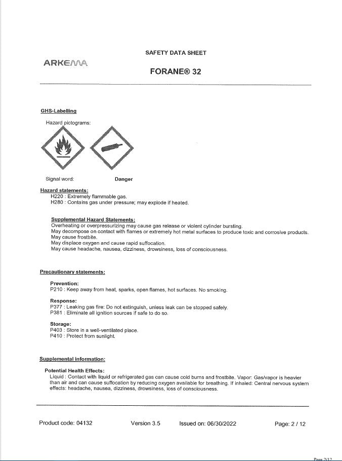 R32 Refrigerant SDS Sheet Frosty Freeze A/C Products Company