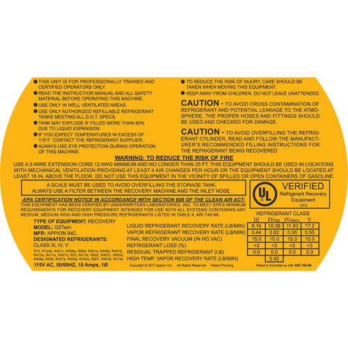 Appion G5Twin Warning Sticker/Label, 115V, LB1210