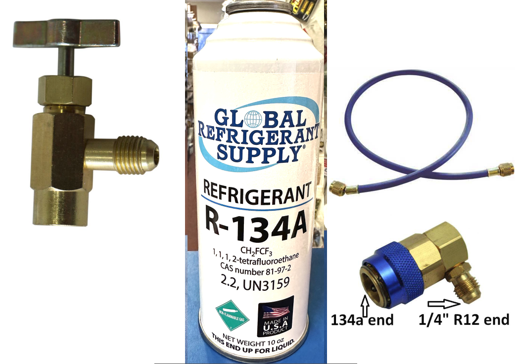 R134a, 10 oz. Can R-134a Refrigerant New Style Self Sealing Can, Can Taper, Hose, Coupler