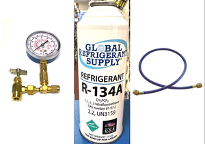 R134a, 10 oz. Can R-134a Refrigerant New Style Self Sealing Can, Can Taper-Gauge-Hose