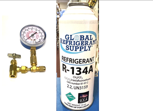 R134a, 10 oz. Can R-134a Refrigerant New Style Self Sealing Can, Can Taper-Gauge