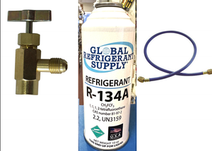 R134a, 10 oz. Can R-134a Refrigerant New Style Self Sealing Can, Can Taper, Hose