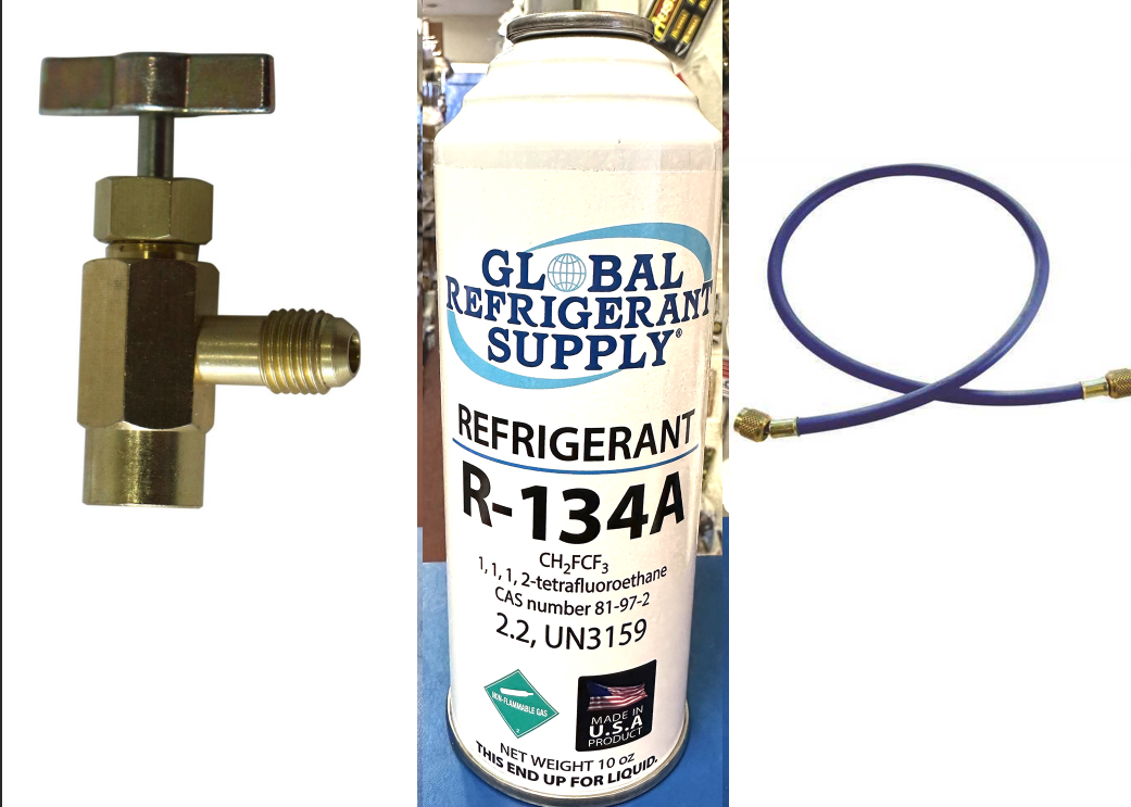 R134a, 10 oz. Can R-134a Refrigerant New Style Self Sealing Can, Can Taper, Hose