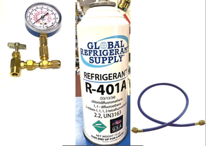 R401a, MP39, Refrigerant, New Style 10 oz. Self-Sealing Can, Taper, Gauge & Hose