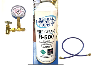 R500, 10 oz. Refrigerant R-500, New Style Self-Sealing Can, Taper-Gauge-Hose