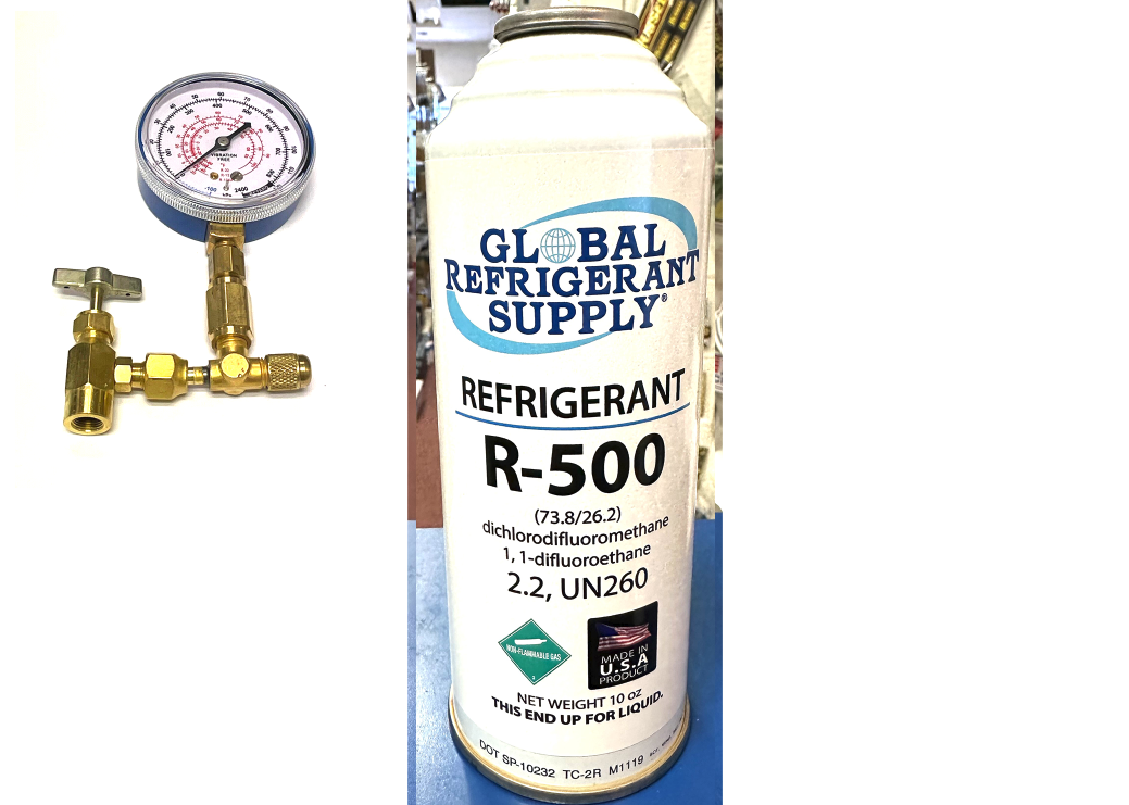 R500, 10 oz. Refrigerant R-500, New Style Self-Sealing Can, Taper-Gauge