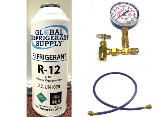 R12 Refrigerant, 10 oz. Can K28 Taper & Check & Charge It Gauge Hose