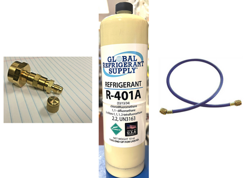 MP39, R401a, Refrigerant For Coolers, Freezers, 10 oz. Can & CGA Can Taper, Hose