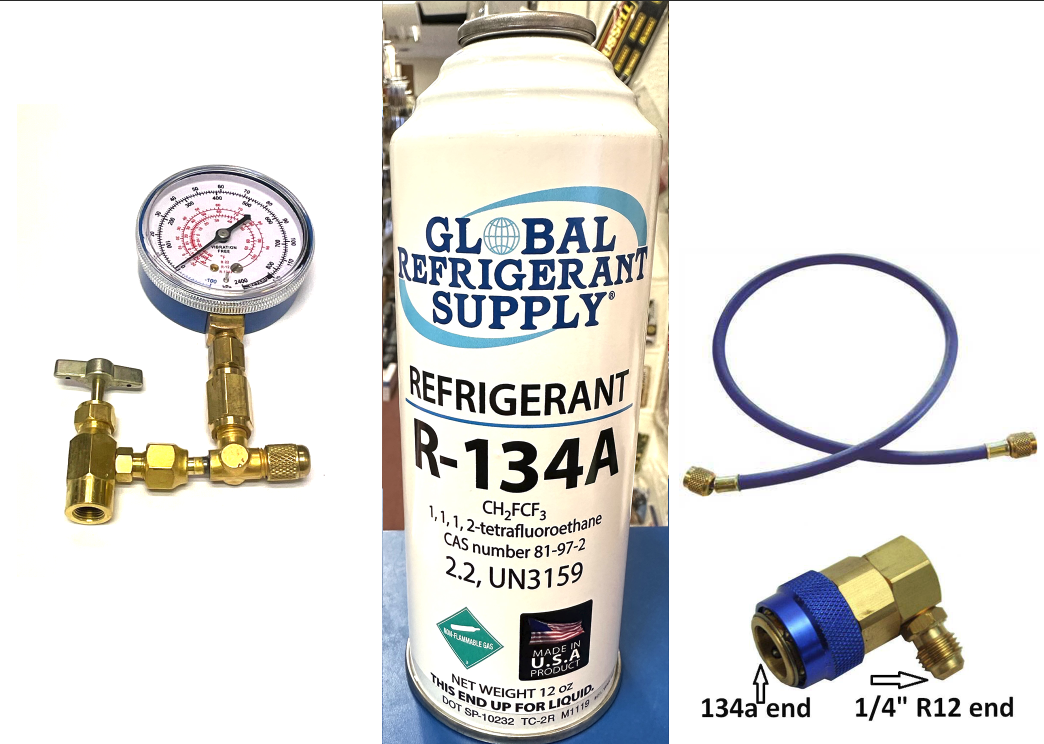 R134a, 12 oz. Can R-134a Refrigerant New Style Self Sealing Can, Can Taper-Gauge-Hose-Coupler