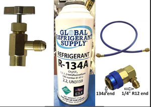 R134a, 12 oz. Can R-134a Refrigerant New Style Self Sealing Can, Can Taper, Hose, Coupler