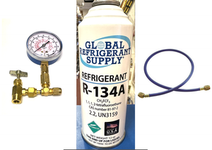 R134a, 12 oz. Can R-134a Refrigerant New Style Self Sealing Can, Can Taper-Gauge-Hose