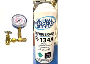 R134a, 12 oz. Can R-134a Refrigerant New Style Self Sealing Can, Can Taper-Gauge