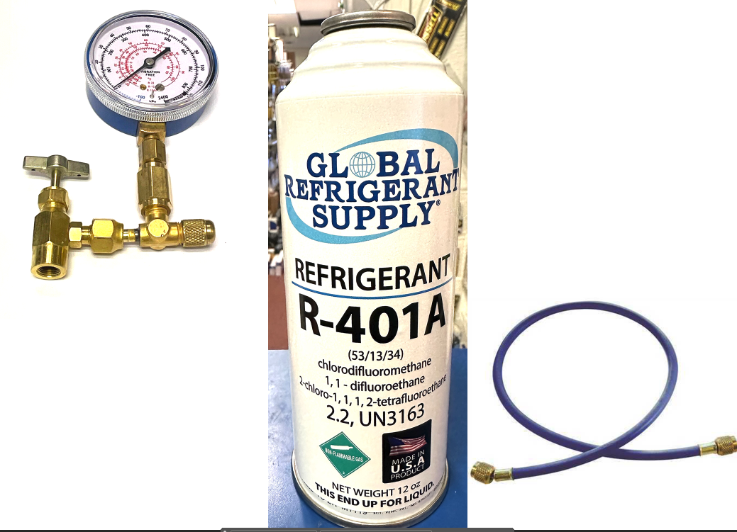 R401a, MP39, Refrigerant, New Style 12 oz. Self-Sealing Can, Taper, Gauge & Hose