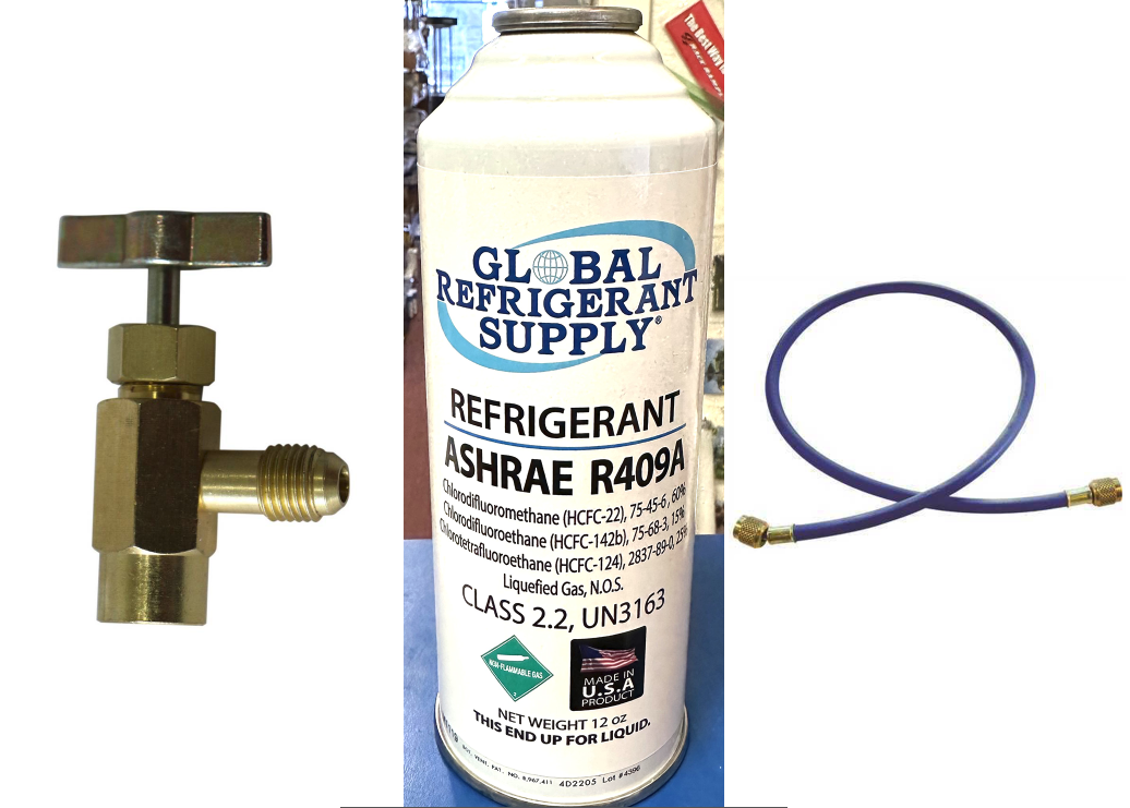 R134a, 12 oz. Can R-134a Refrigerant New Style Self Sealing Can, Can Taper, Hose