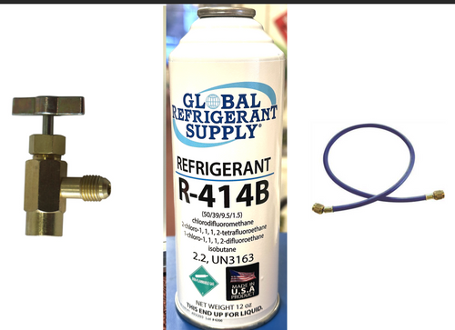R414b, HOT SHOT Refrigerant, 12 oz. Self-Sealing Can & K28 Taper, Hose