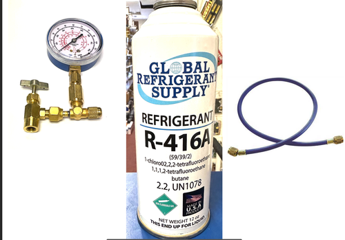 R416a, FRIGC, FR12, 12 oz. Can Refrigerant, HCFC-124, Military Approved R12 Alternate, Taper-Gauge-Hose