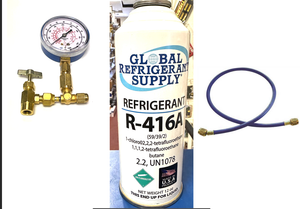 R416a, FRIGC, FR12, 12 oz. Can Refrigerant, HCFC-124, Military Approved R12 Alternate, Taper-Gauge-Hose