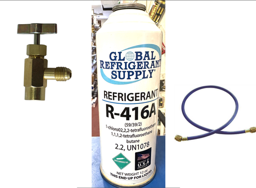 R416a, FRIGC, FR12, 12 oz. Can Refrigerant, HCFC-124, Military Approved R12 Alternate, Taper-Hose