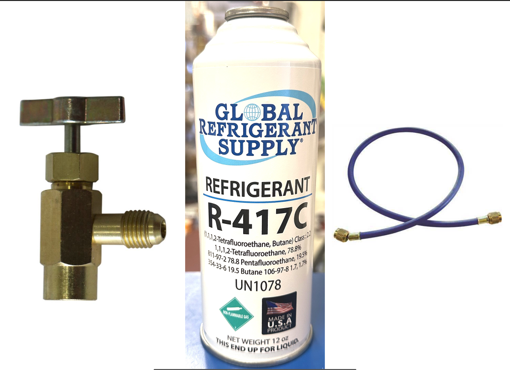 R417c, a.k.a., HOT SHOT II, Refrigerant, 12 oz. Self-Sealing Can & K28 Taper, Hose