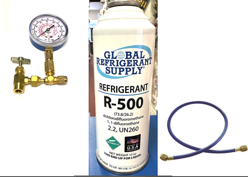 R500, 12 oz. Refrigerant R-500, New Style Self-Sealing Can, Taper-Gauge-Hose