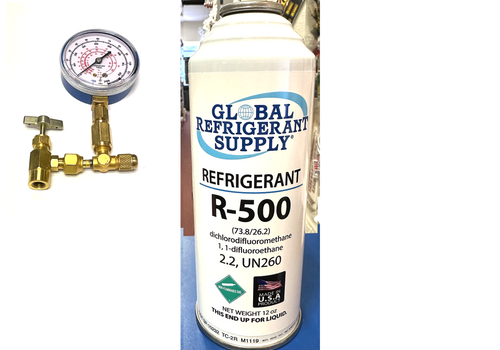 R500, 12 oz. Refrigerant R-500, New Style Self-Sealing Can, Taper-Gauge