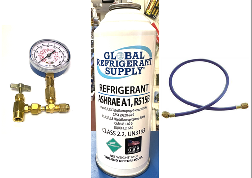 R515b, 12 oz. Can, Check & Charge It Gauge, Hose, ASHRAE & EPA Approved Drop-in Replacement For R134a