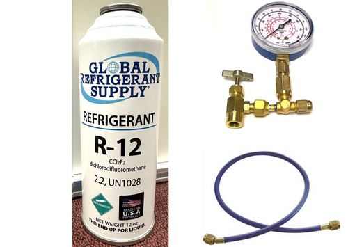 R12 Refrigerant, 12 oz. Can K28 Taper & Check & Charge It Gauge Hose