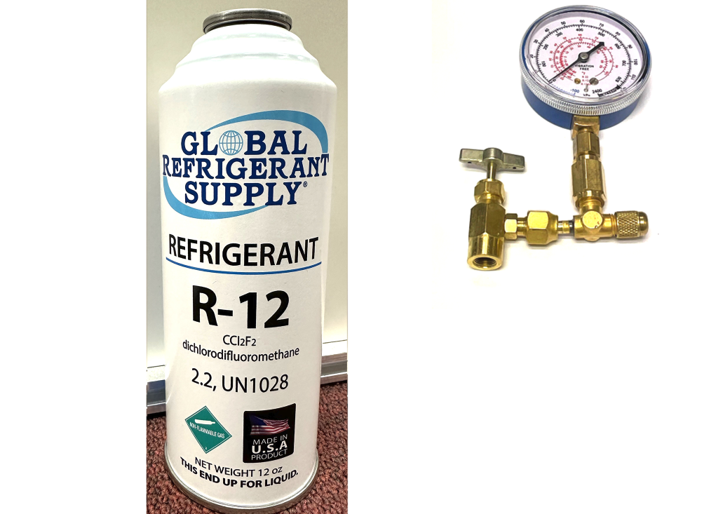 R12 Refrigerant, 12 oz. Can with K28 Taper & Check & Charge It Gauge