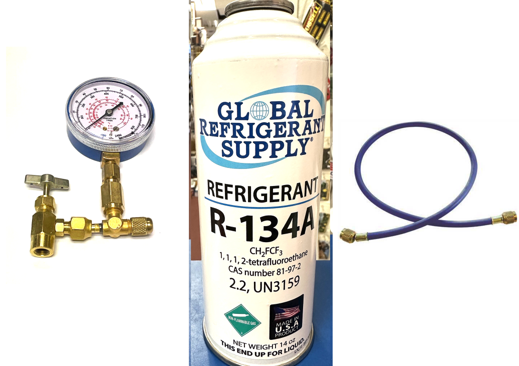 R134a, 14 oz. Can R-134a Refrigerant New Style Self Sealing Can, Can Taper-Gauge-Hose