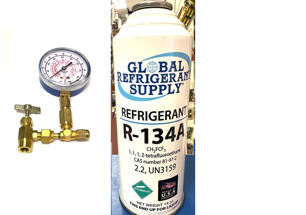 R134a, 14 oz. Can R-134a Refrigerant New Style Self Sealing Can, Can Taper-Gauge