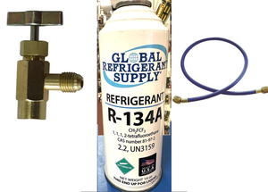 R134a, 14 oz. Can R-134a Refrigerant New Style Self Sealing Can, Can Taper, Hose