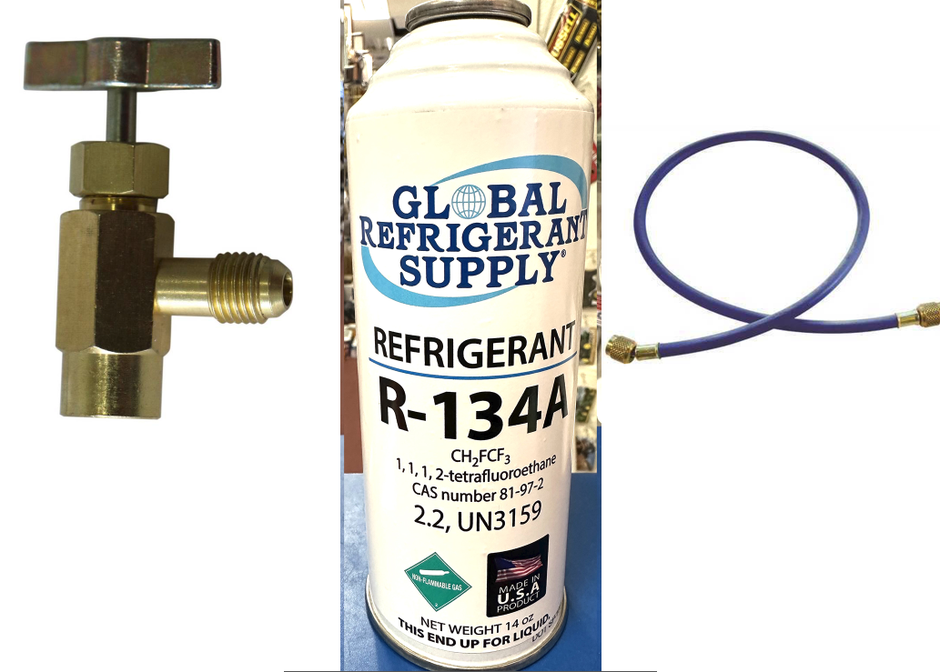 R134a, 14 oz. Can R-134a Refrigerant New Style Self Sealing Can, Can Taper, Hose