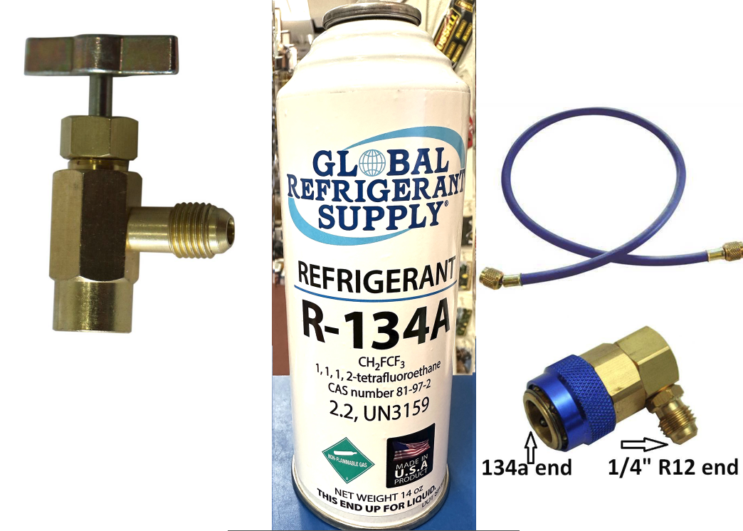 R134a, 14 oz. Can R-134a Refrigerant New Style Self Sealing Can, Can Taper, Hose, Coupler