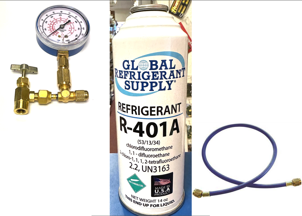 R401a, MP39, Refrigerant, New Style 14 oz. Self-Sealing Can, Taper, Gauge & Hose