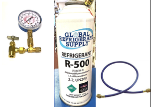 R500, 14 oz. Refrigerant R-500, New Style Self-Sealing Can, Taper-Gauge-Hose