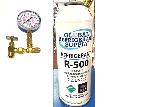R500, 14 oz. Refrigerant R-500, New Style Self-Sealing Can, Taper-Gauge
