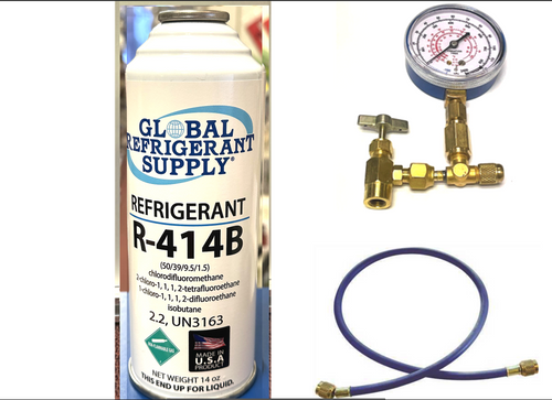 R414b, HOT SHOT Refrigerant, 14 oz. Self-Sealing Can K28 Taper, Gauge, Hose