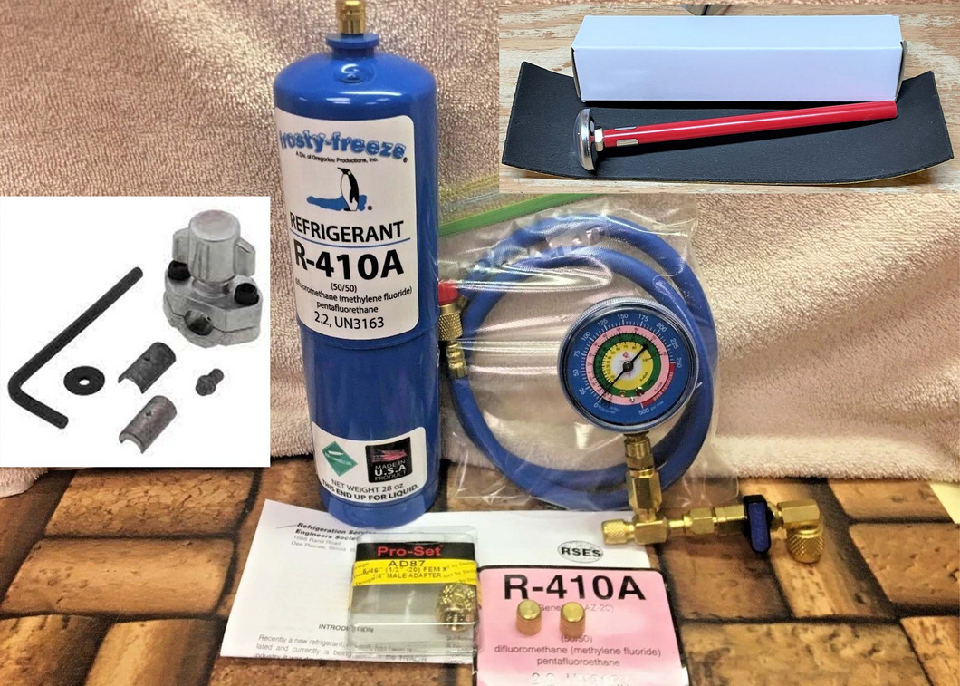 R-410a, RV Camper Refrigerant Refill Kit Gauge Charging Hose & Instructions & Line Tap A1