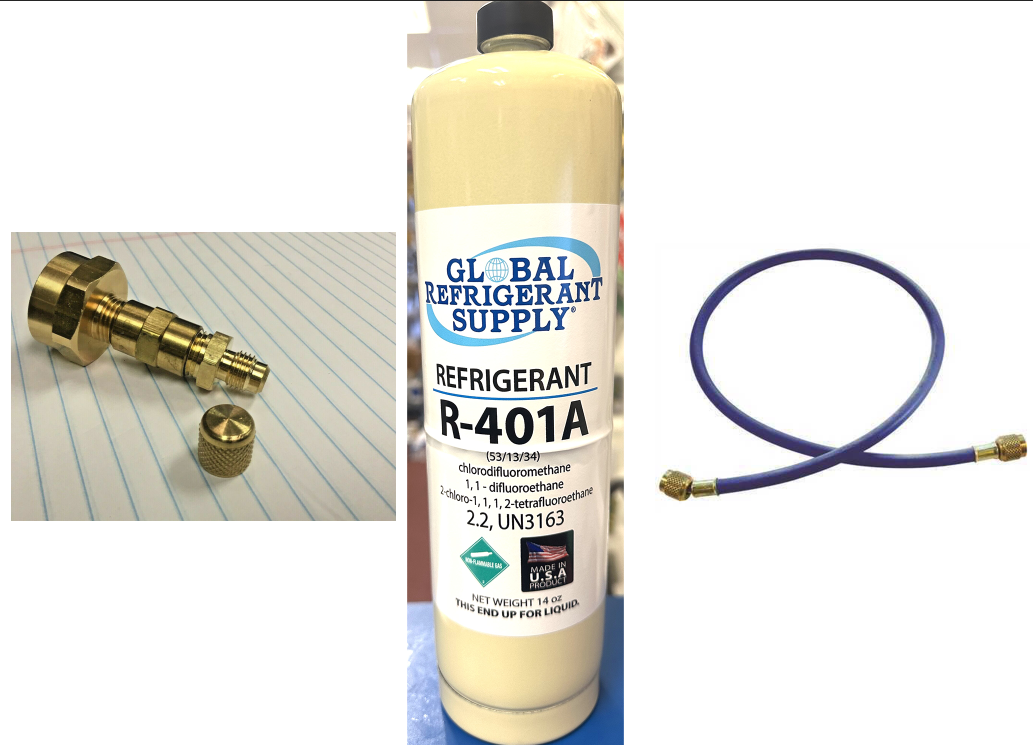 MP39, R401a, Refrigerant For Coolers, Freezers, 14 oz. Can & Can Taper, Hose