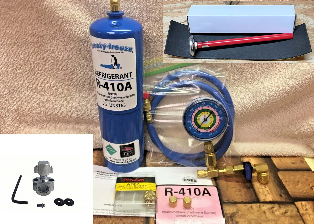 R-410a, RV Camper Refrigerant Refill Kit Gauge Charging Hose & Instructions & Line Tap A2