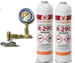 R–290 Large (2) 14 oz. Cans, FluoroFusion, Refrigerant Grade Propane, PV-14XL-Taper-Gauge