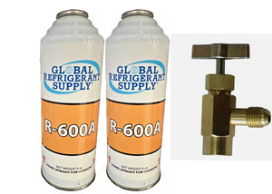 R600a Refrigerant, (2) 6 oz. new Self-Sealing Cans, UPRIGHT LIQUID, K28 Taper