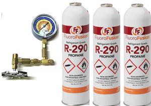 R–290 Large (3) 14 oz. Cans, FluoroFusion, Refrigerant Grade Propane, PV-14XL-Taper-Gauge