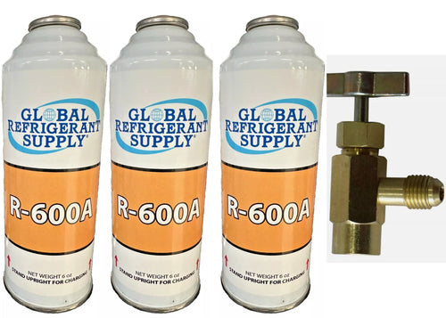 R600a Refrigerant, (3) 6 oz. new Self-Sealing Cans Upright LIQUID, K28 Taper