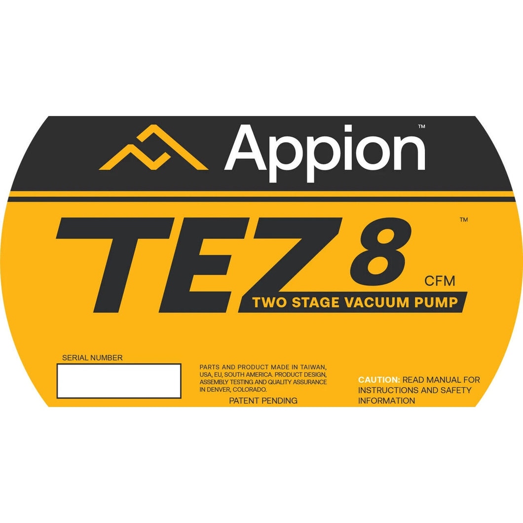 Appion TEZ8 TEZ8 Case Side Label/Sticker TEZ8 Vacuum Pump LB1344