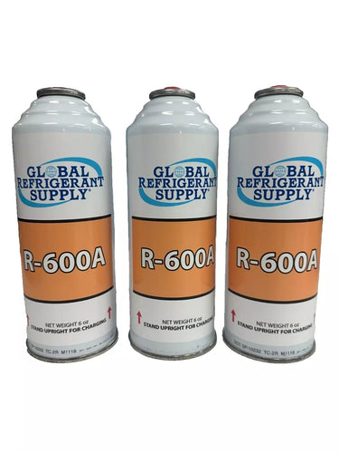 R600a Refrigerant, (3) 6 oz. new Self-Sealing Cans Upright FOR LIQUID