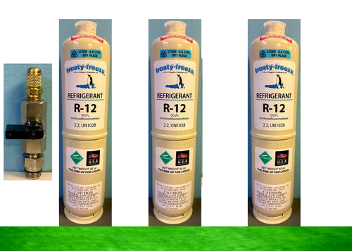 R12 Refrigerant 7.5 Lbs. (3) 40 oz. Cans , C10 Taper, Fast Same Day Shipping On/Off Valve