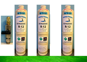 R12 Refrigerant 7.5 Lbs. (3) 40 oz. Cans , C10 Taper, Fast Same Day Shipping On/Off Valve