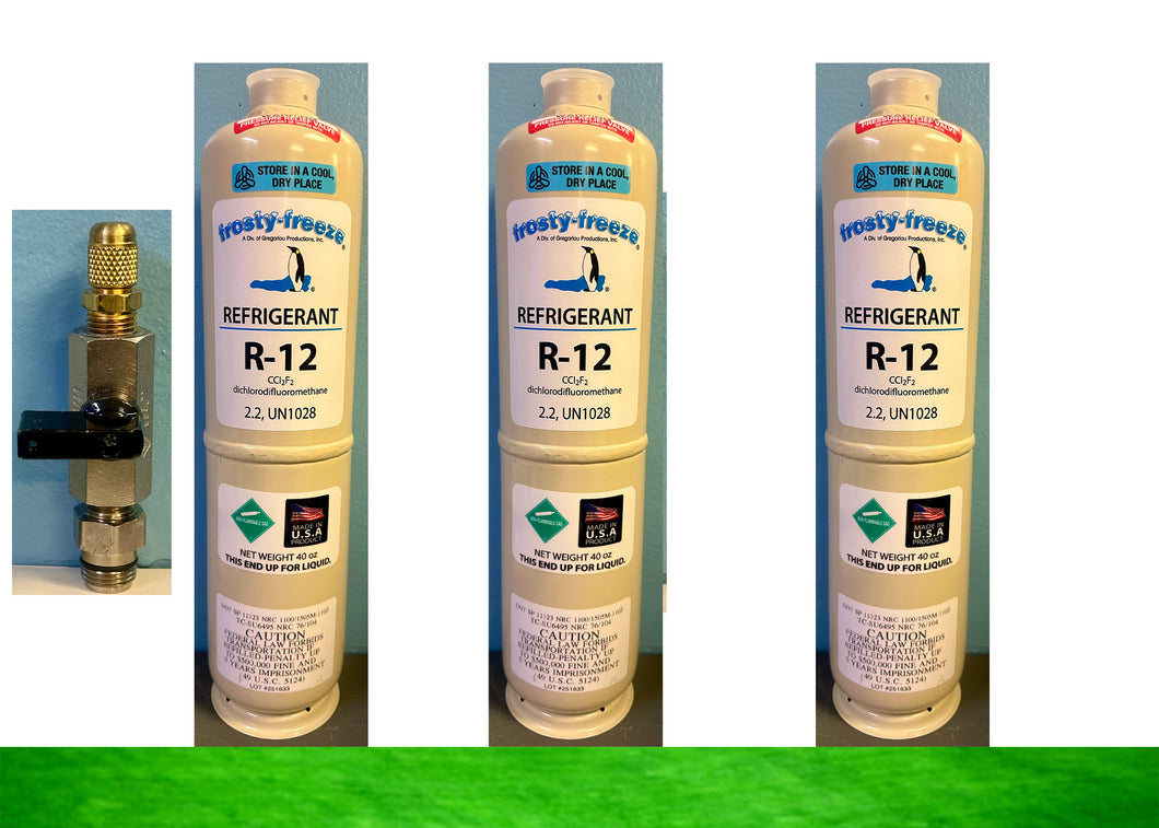 R12 Refrigerant 7.5 Lbs. (3) 40 oz. Cans , C10 Taper, Fast Same Day Shipping On/Off Valve